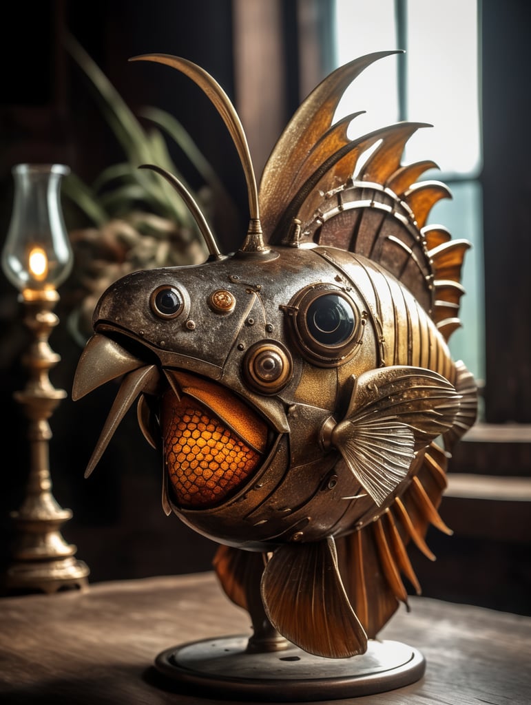 Beautiful tropical fish made by a skilled craftsman in medieval steampunk style