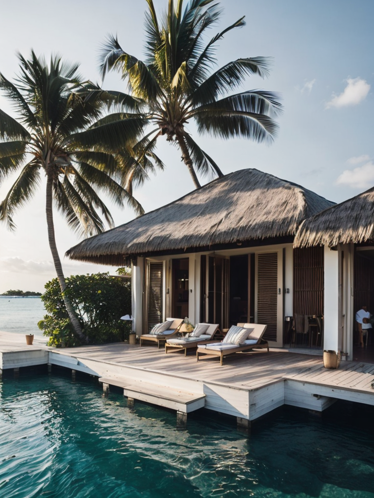 Over water villa in the maledives with the sun shining and some palms