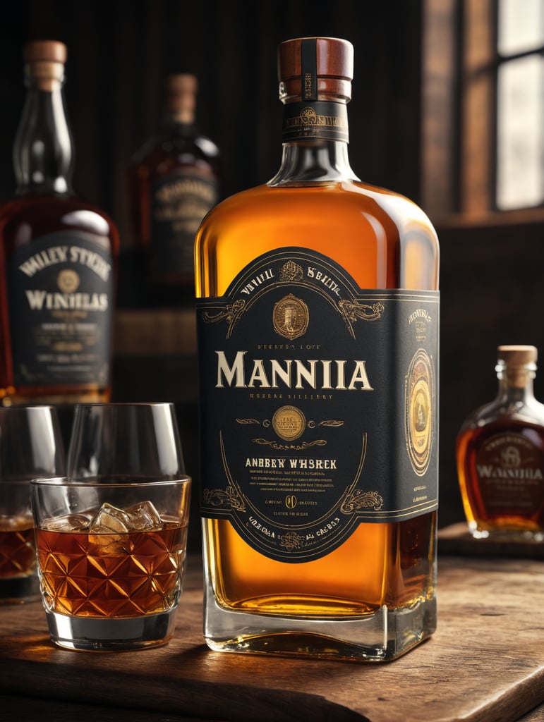I want to make a 500ml whiskey bottle with an amber drink inside, filled to the top with a wooden stopper and an embossed logo that says "Vania". A bottle and glass of whiskey with lemon inside should stand on the barrel. The drink is whiskey based so we want the branding to be true to the old Irish style with the label being flat and printed.