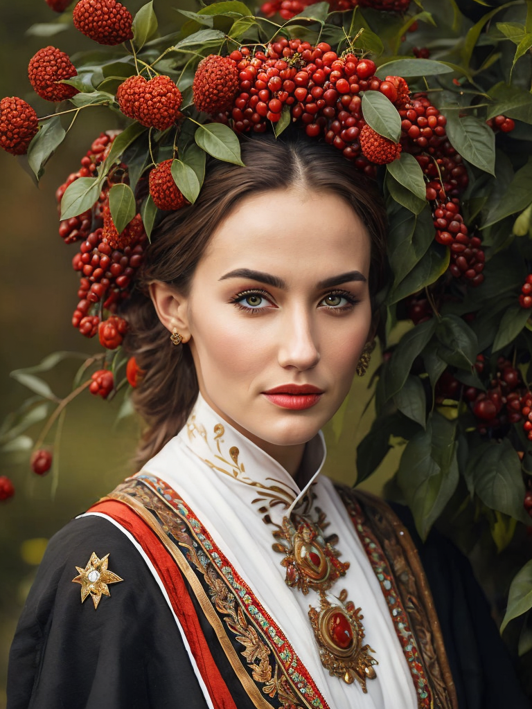 Portrait of a Beautiful women from Russian fairytale wearing traditional costume around bunches of rowan