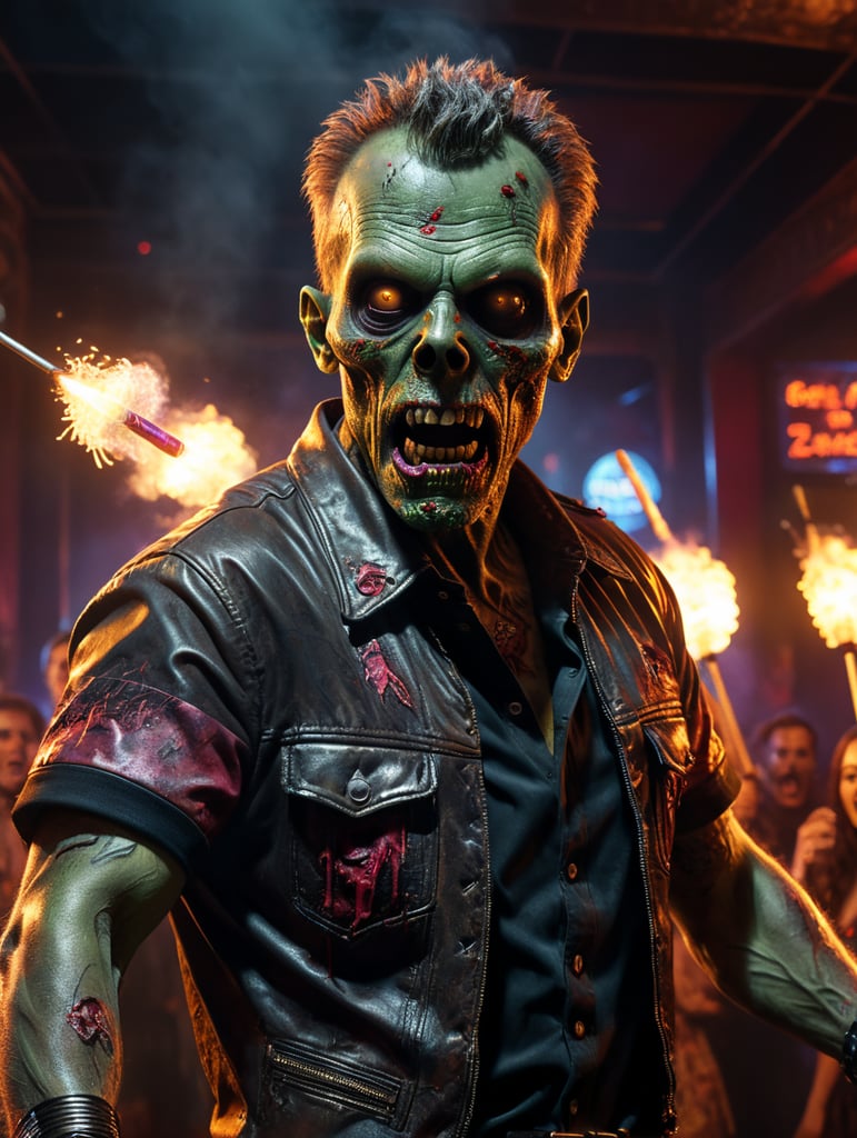 vintage movie cinematic still of a zombie wearing nightclub hip clothing, using an darts, in the style of 1990's party club flyers, fire in the background