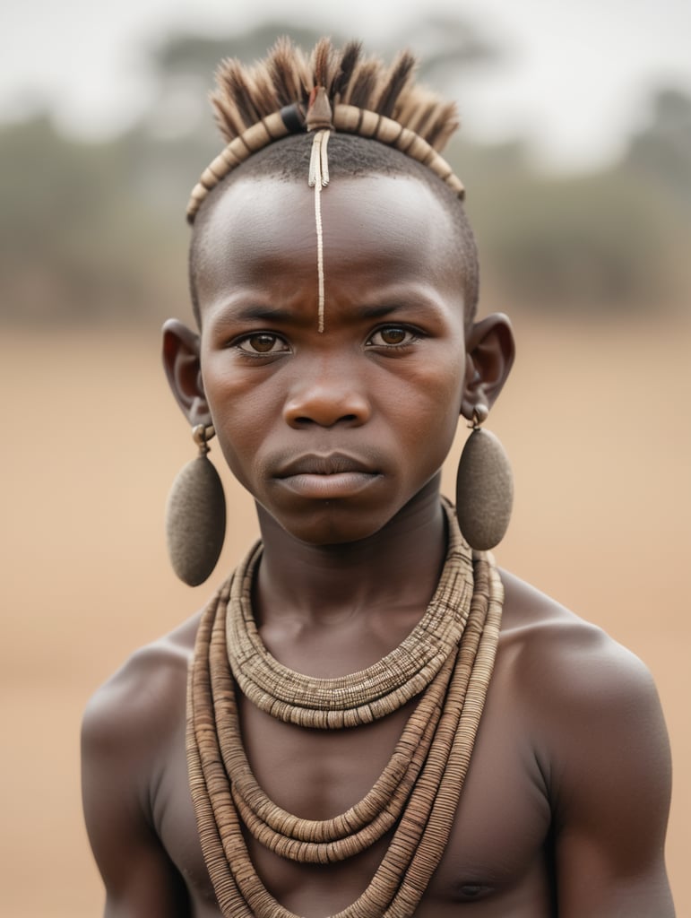 a portrait of a tribal Pygmy, African savanna in the background