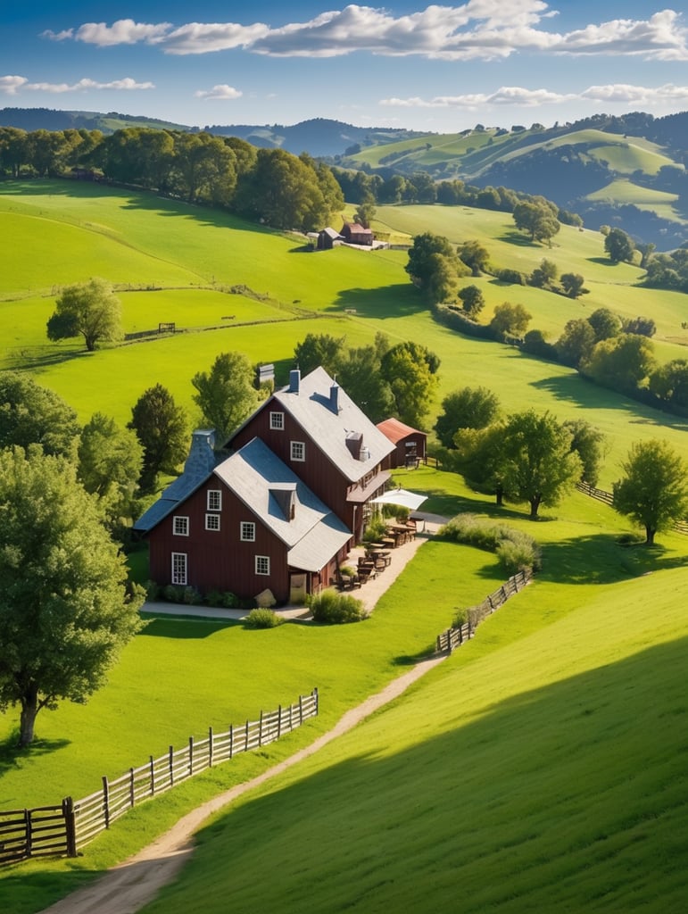 hirsute in the style of Quaint farm with rolling hills and grazing livestock