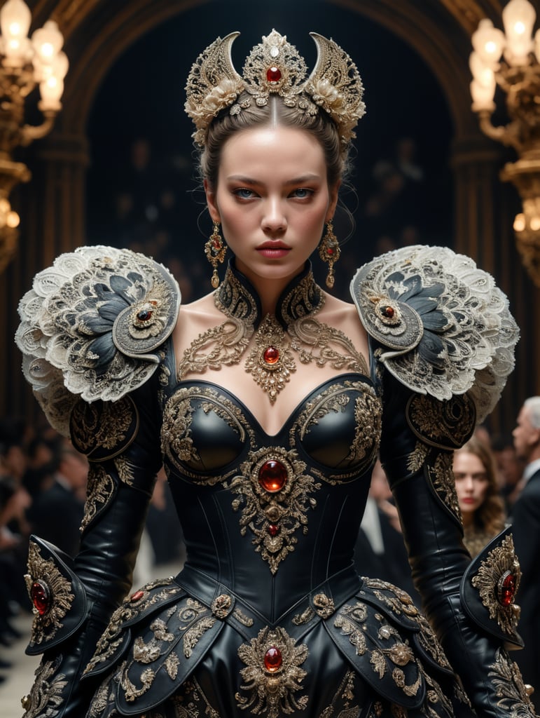 Fashion model walking down a catwalk, elaborate dress by alexander mcqueen, detailed face, beautiful feminine face, art by julia hetta and giampaolo sgura and pamela hanson and david roemer and mario testino and lara jade and tim walker and cole sprouse