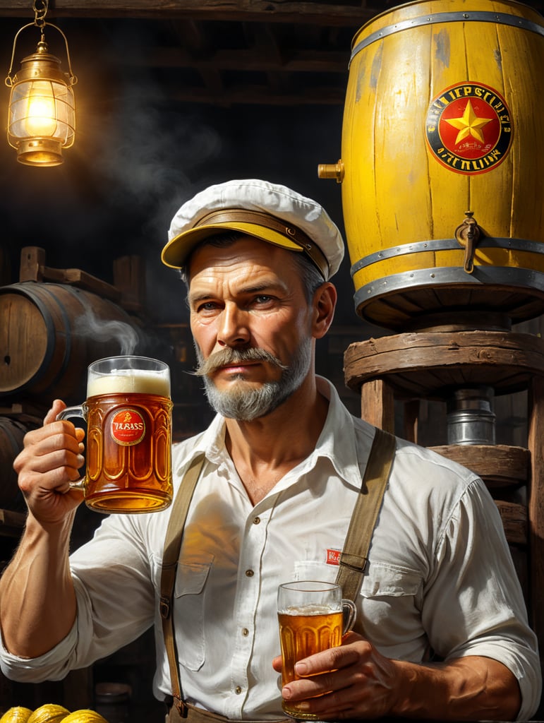 poster, A Soviet man in a white shirt and cap holds a mug of kvass in his hands, a Soviet yellow barrel of kvass can be seen in the background