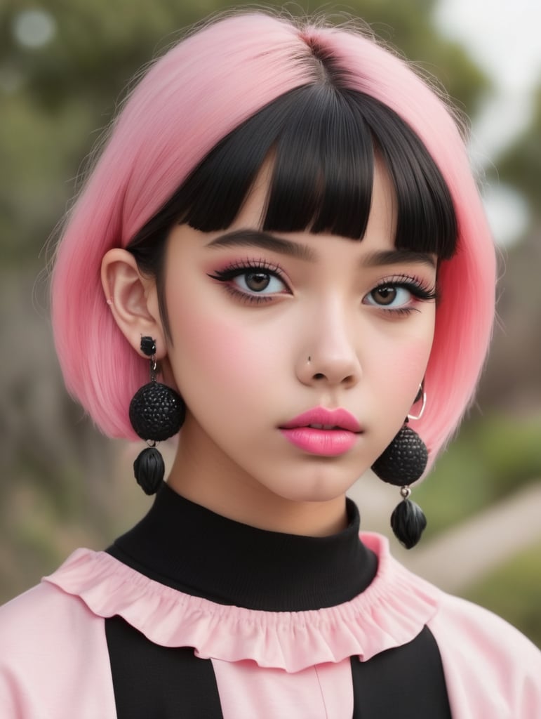 Mexican girl teenager big pink lips wears pink black hair black eyes frog earing