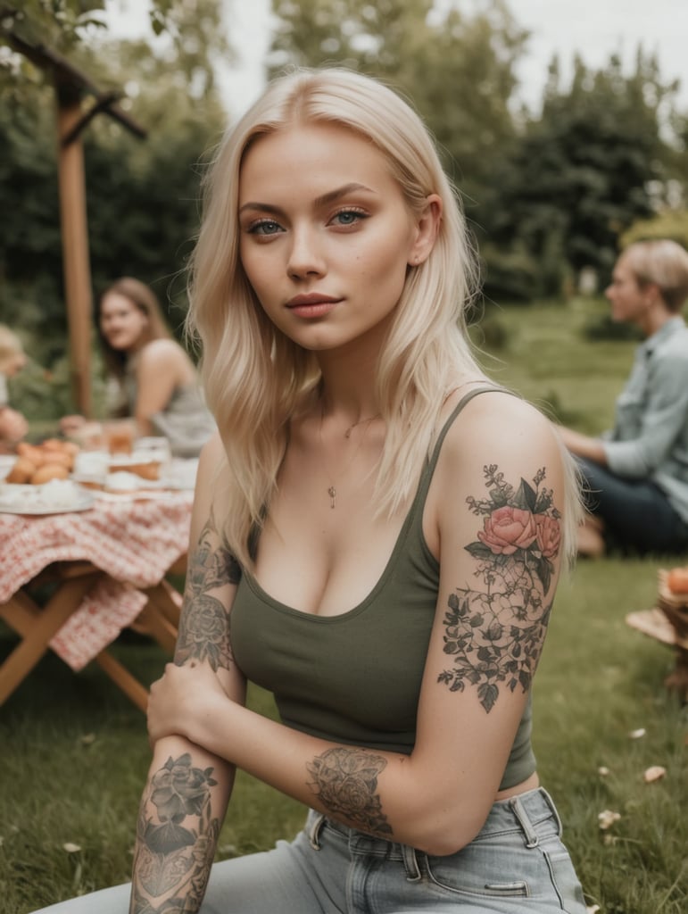 Blonde Girl with 1312 tatoo on left arm in Garden Picknick Witz some friends