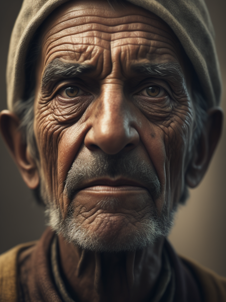 portrait of an old stoker, face covered in soot, dirty clothes, deep wrinkles on the face
