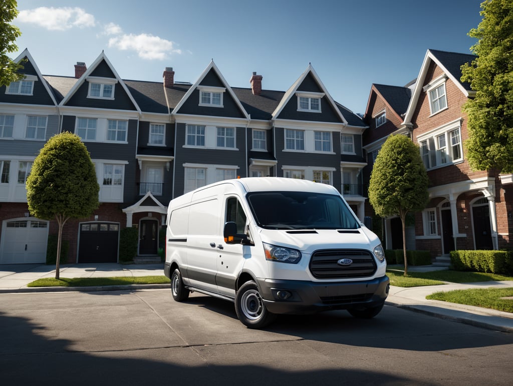 A wide angle photo of a white ford transit van parked on the street in front of a row of townhouses, publication advertising photography, ultra realistic photograph, stock photo