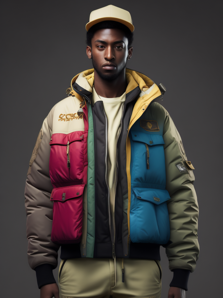 Full body view of a heavily pastel colored yeezy inspired work jacket, which is also inspired by the following brands, arcteryx, off-white, gore-tex, canada goose, rhude and vetements