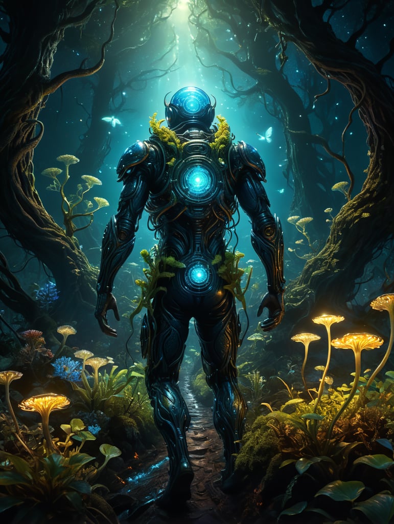 Ultra detailed illustration of a person lost in a magical world of wonders, glowy, bioluminescent flora, incredibly detailed, night, bioluminescence
