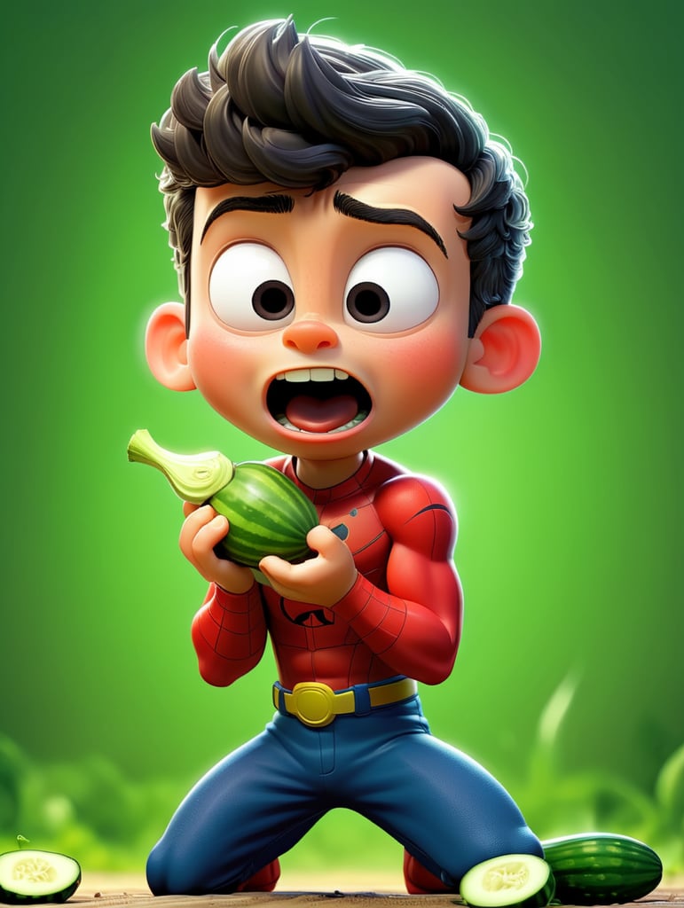 Crea un immagine di un bambino supereroe che mangia un cetriolo e fa de peti
