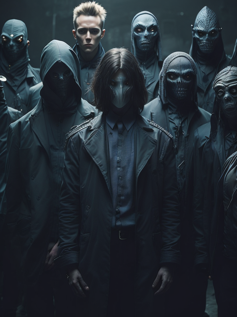 A group of creepy evil abstract non-human horror creatures with no face wearing black suits posing for a group photo, concept art, cyberpunk hq