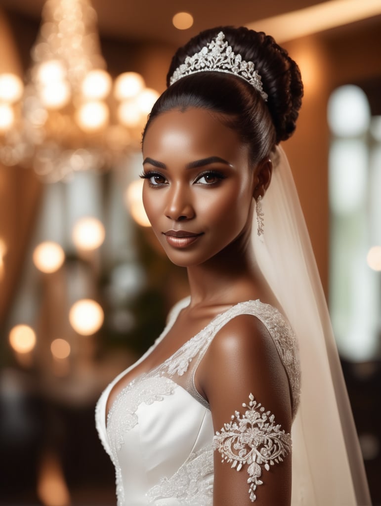 BRIDE IN LUXURY HOTEL WITH DETAILED RETOUCHED SKIN MAYBE BLACK BRIDE, BACKGROUND WITH BOKEH OF AMBIENT LIGHT, SKIN MAYBE CHOCOLATE , east african bride brown skin