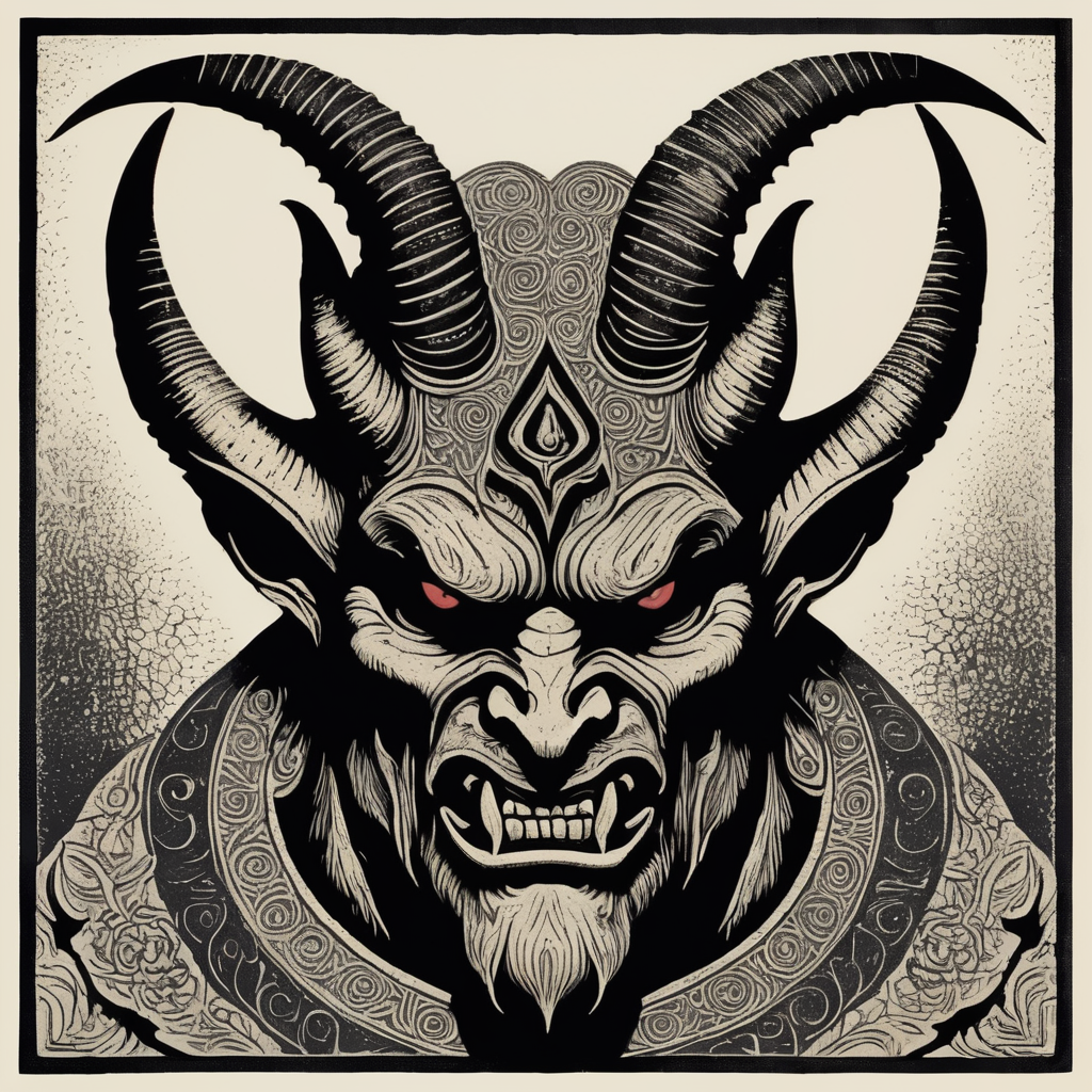 Premium Free ai Images | Horned Demon Linocut Artwork