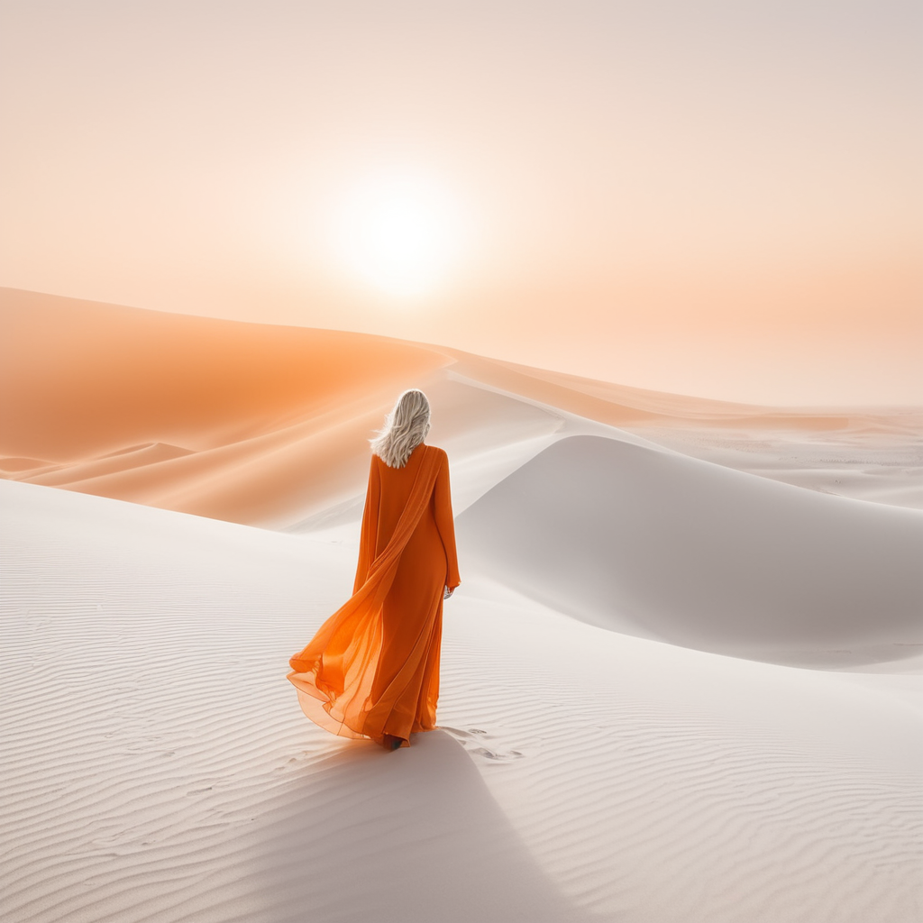 view from behind(((ethereal misty orange cloaked woman figure))), clad in light tones, advancing through a (((dunescape))) under a (glowing, ethereal suset), with (vast, silvery sand dunes) reflecting an otherworldly light around its surroundings, abstract art