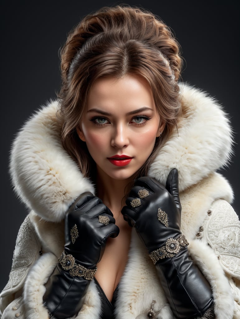 woman wearing fur gloves, white background, high quality