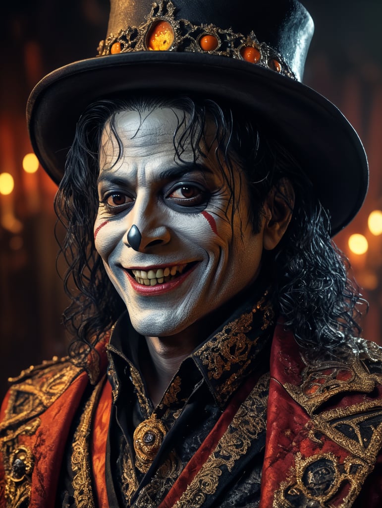 Old Michael Jackson as a creepy evil character wearing spooky Halloween costume, evil smile, creepy tiny nose, Vivid saturated colors, Contrast color