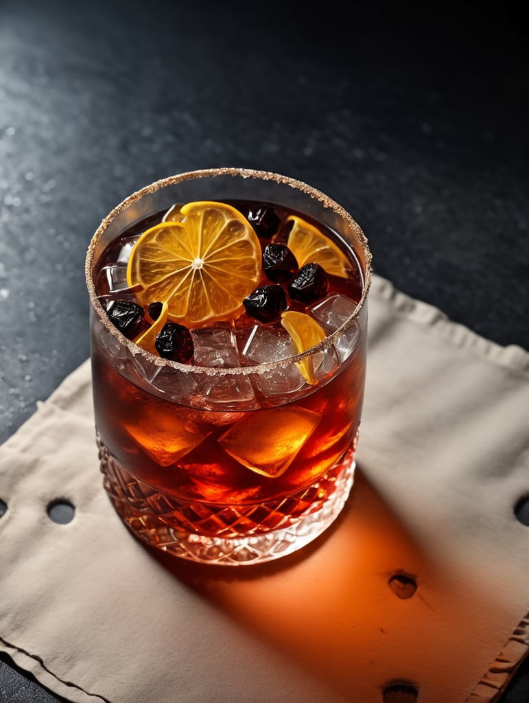 Gin cocktail with dried fruit slices, salted glass rim, mood lighting