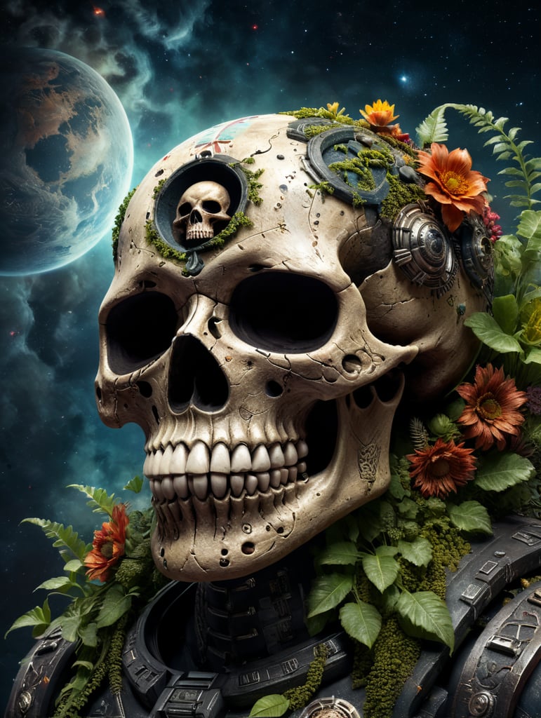A worn out Mexican skull in outer space with plantes in the background