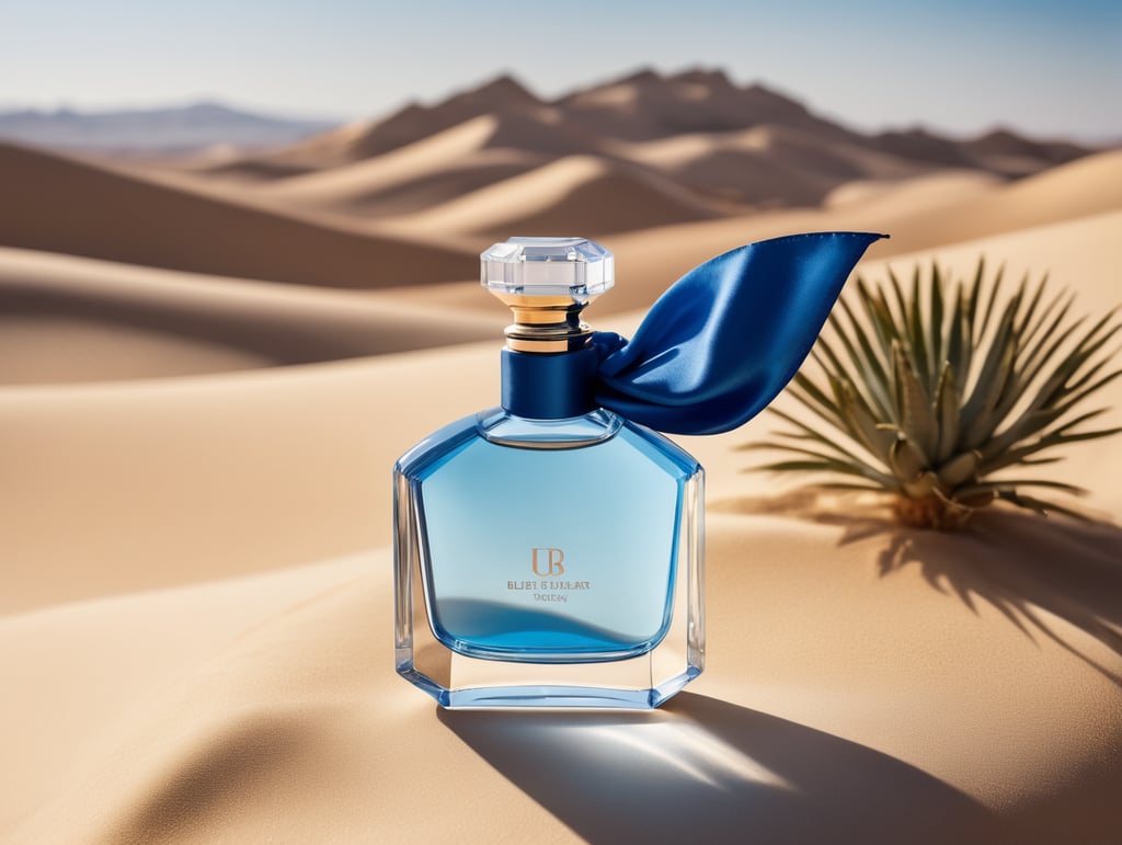 professional photography of a luxury perfume bottle in the desert, Blue satin scarf in the background, no label, clear, mockup
