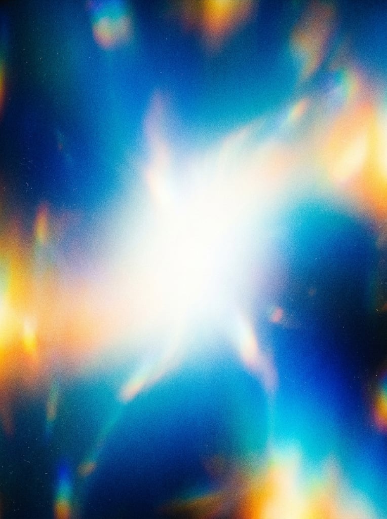 abstract luminous gradient, bright white central glow fading into deep blue and cyan, warm yellow and orange light leaks, heavy film grain texture, holographic color bleed, soft diffused lighting
