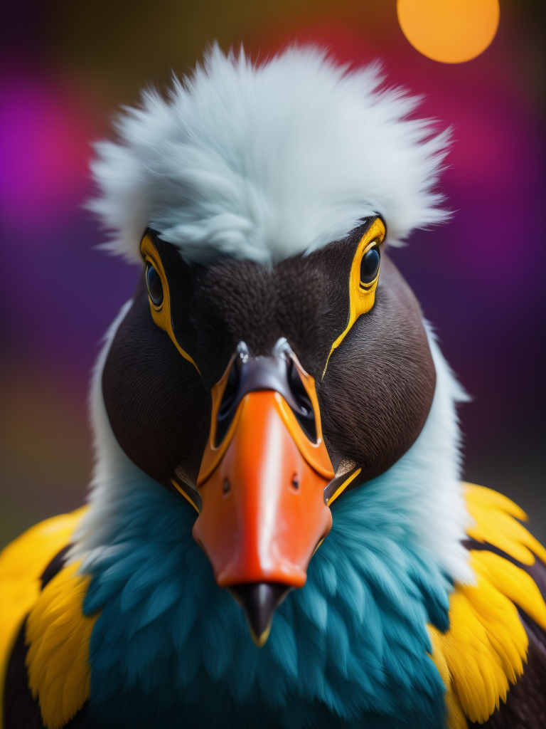 Portrait of fluffy duck, bright and saturated colors, elegant, highly detailed, vogue, fashion magazine, sharp focus, bright expressive makeup, dramatic lighting, depth of field, incredibly high detailed, blurred background