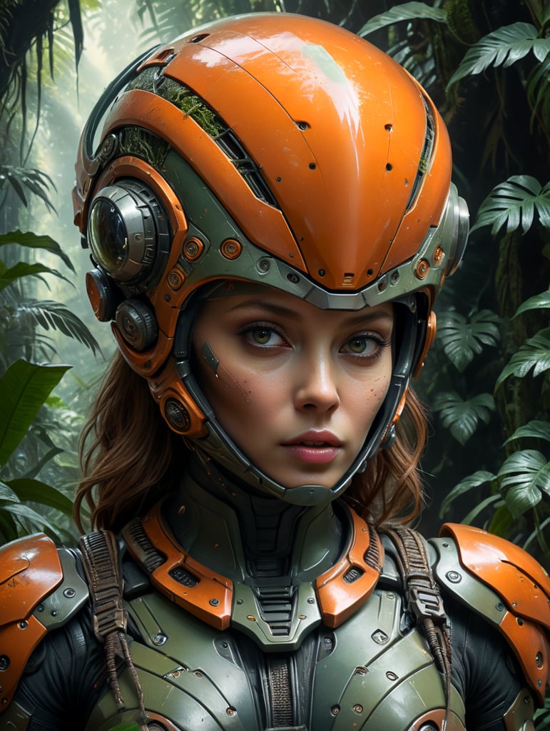 Waist-up, muted photo portrait titled "female futuristic alien in a jungle", broken helmet tangerine, muted palette, muted colors, detailed, 8k