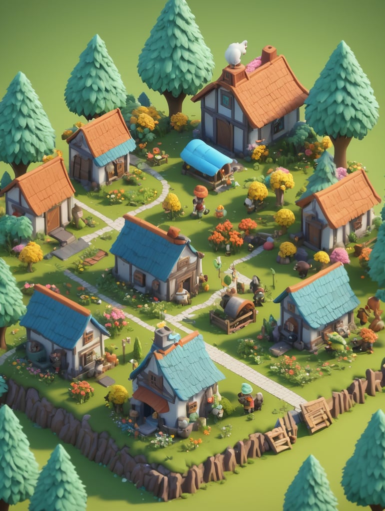 Detailed 3d farm island, fluffy trees, animals, working people, cute creatures, gathering place, flowers, game art style, 3d model, blender modeling, stylized, isometric, tinye style, cute, postcard style, miniatures