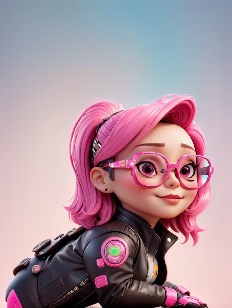 cyborg android, dressed in pink glasses and a leather jacket