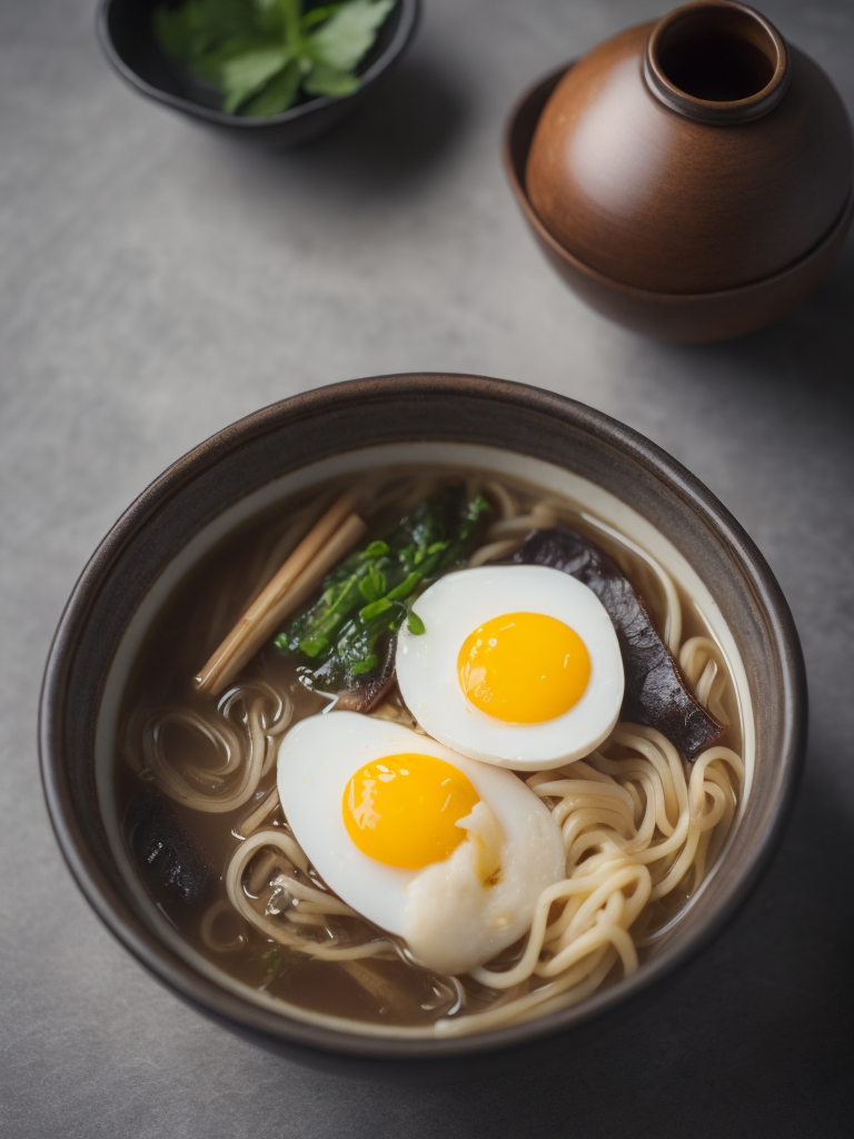 ultra detailed japanese ramen, chopsticks, egg, steam