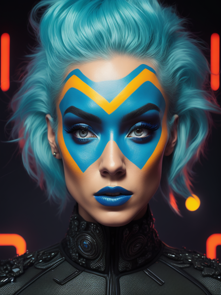 a model wearing makeup, in the style of eclectic pop-art, blue and black, lovecore, spray-paint base, love and romance, bold palette