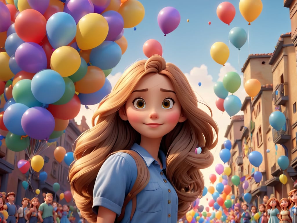 A beautiful girl with long hair is standing in front of a street full of balloons, Pixar animation style