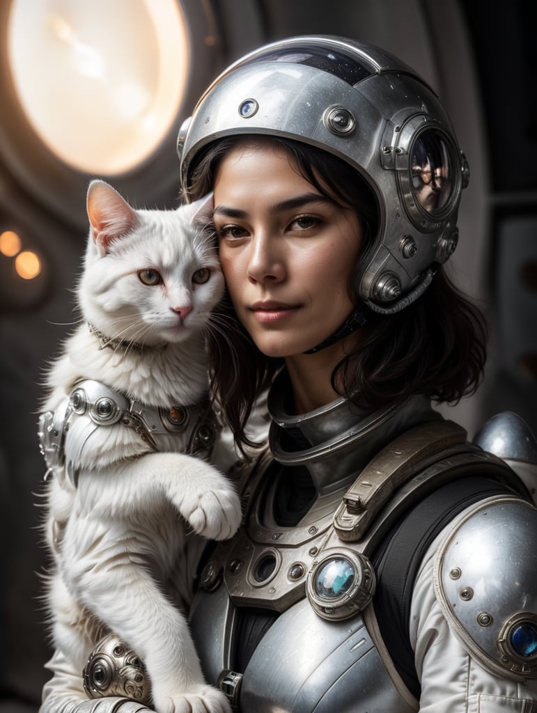 space woman astronaut with a silver helmet hugging white kitties