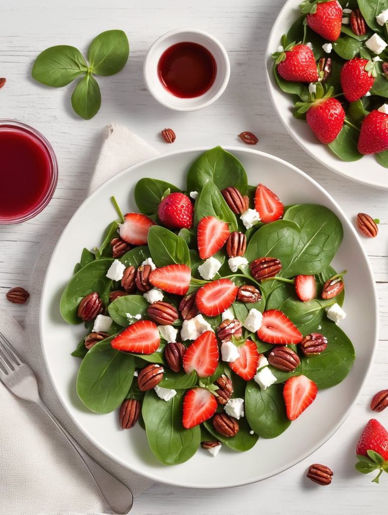 Spinach and Strawberry Salad, small plate on a wooden table, Description: A sweet and savory combination of fresh baby spinach, ripe strawberries, goat cheese, and candied pecans, often served with a balsamic vinaigrette.
