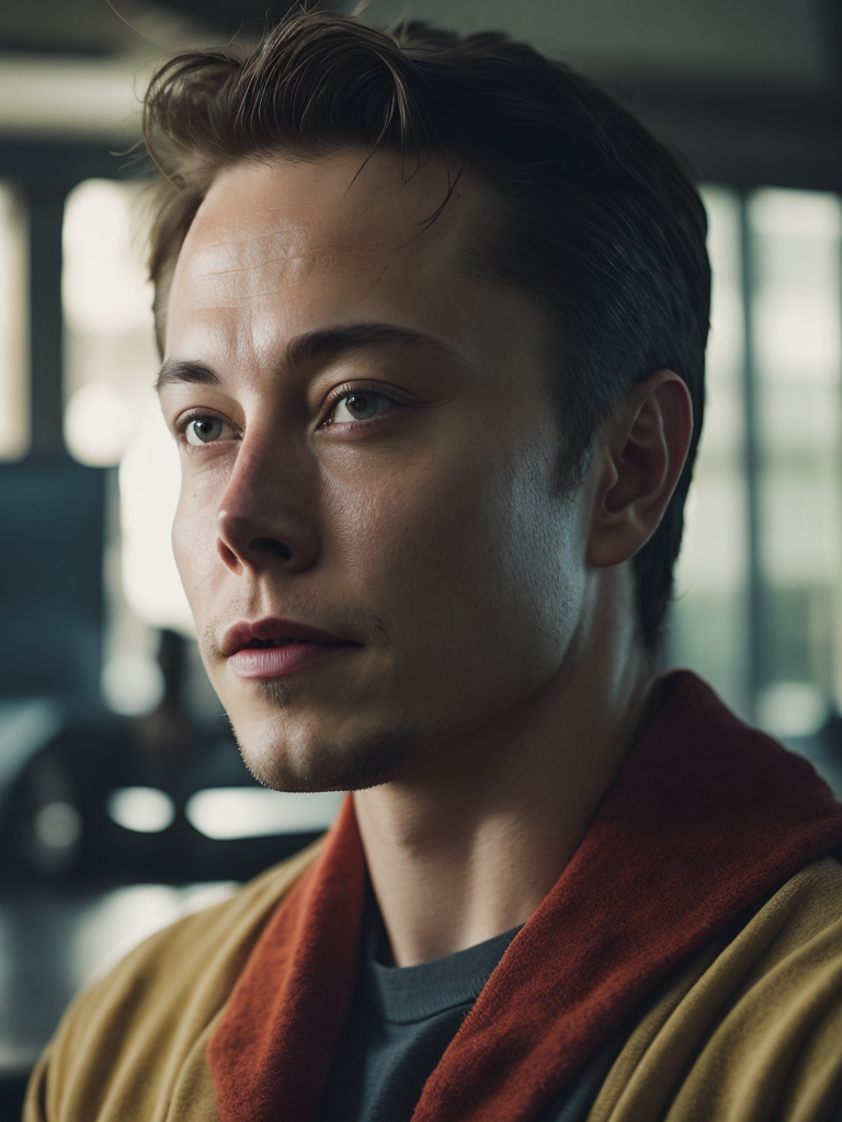 Elon musk as Irom man, bright saturated colors, Professional photo, Focus on the face, clear face details, Blurred Bokeh Background