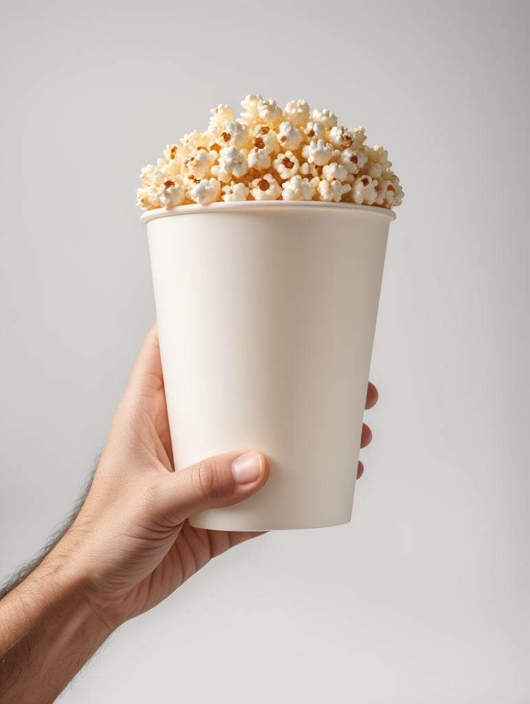 A cartoon hand is holding a popcorn cup, cartoon, 3d render, soft light, white background