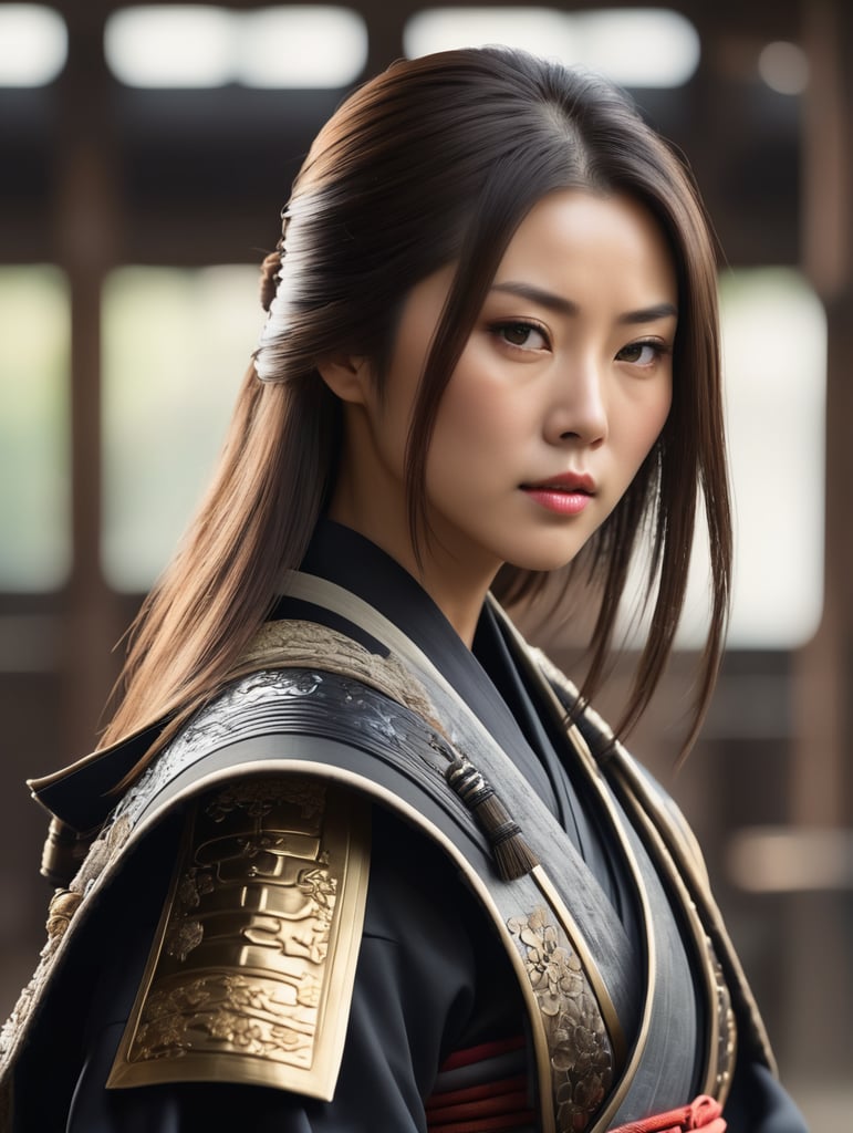 wanita jepang dengan pakaian samurai berambut sebahu, foto setengah badan, Ultra realistic human photo, realistic, raytracing, Cinematic, Ultra HD, Professional photography, ultrafine detailed, crazy details, intricate details
