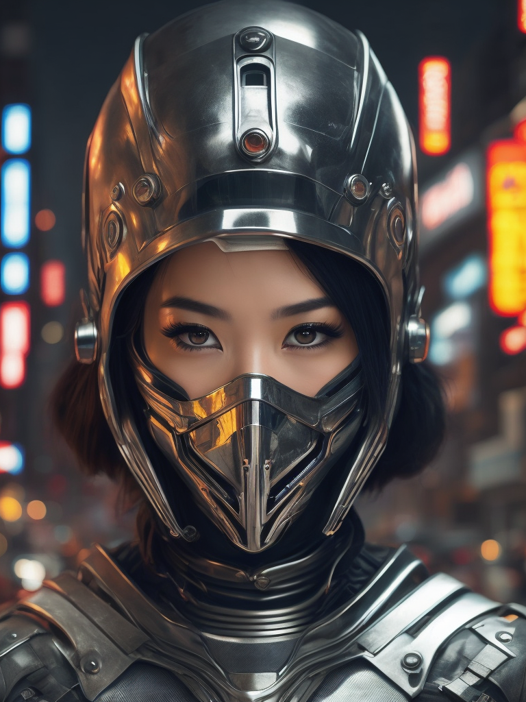 girl dressed in chrome mask and realistic cyberpunk outfit, the mask is metallic, a bit robotic, vintage medium shot 1920's poster with corean ethnicity, with background of futuristic style buildings and futuristic rockets, a little geisha, with a chrome, metallic color mask