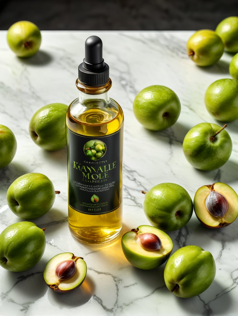 oil bottle professional photo white marble table green kakadu plum fruit natural light refreshing hair oil ingredients