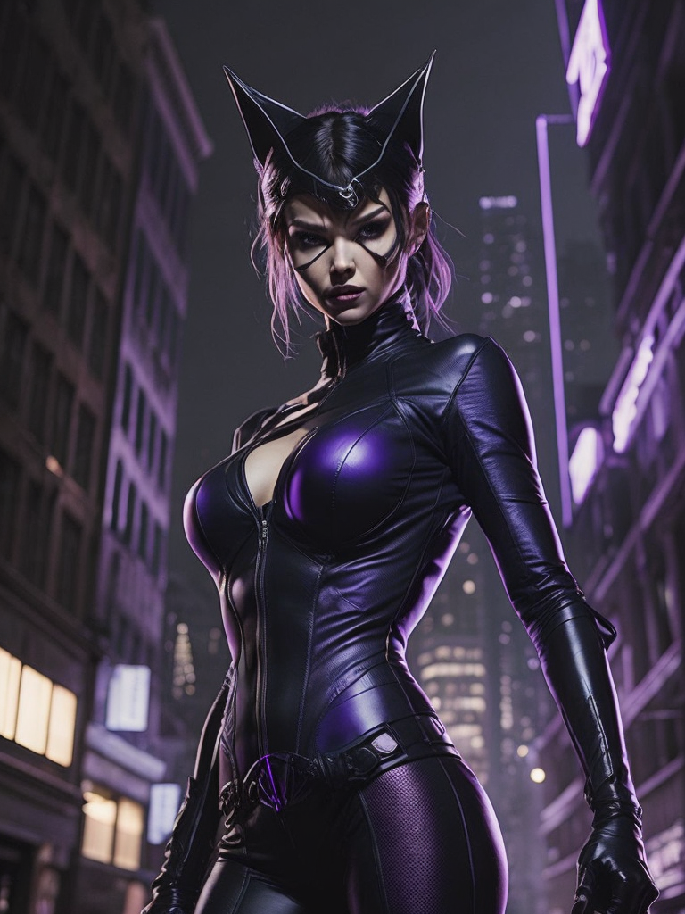 Catwoman in her classic purple and black costume, with her signature whip coiled around her waist and her sleek, feline-like movements. the background is a dark alleyway, with the neon lights of the city flickering in the distance