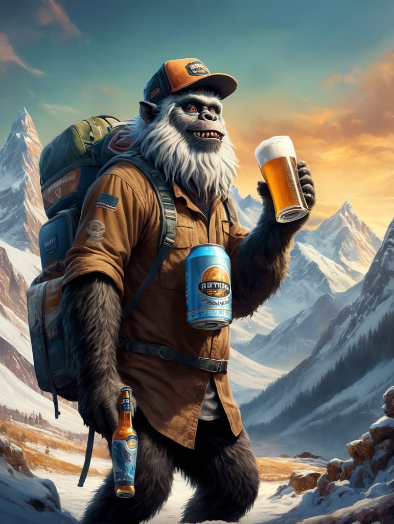 yeti wearing a trucker hat drinking a beer in the mountains and carrying a case of beer