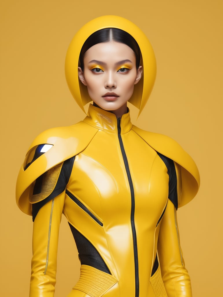 alien-inspired avant-garde fashion simply go photoshoot all yellow outfit yellow backdrop harper's Bazaar aesthetic magazine cover stunning headshot hyper-realistic creation futuristic fashion