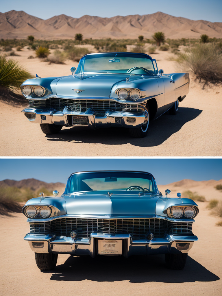 Blue cadillac eldorado 1959 in the desert, dunes on the background, Sunny day, Bright and rich colors, Detailed image