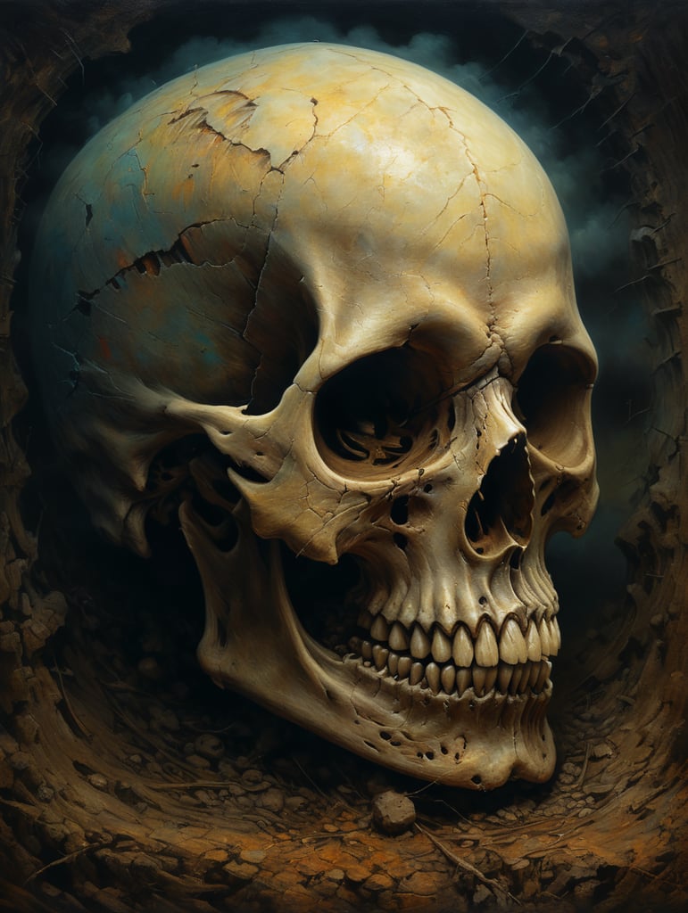 Skull painting by zdzisław beksiński with a cartoonist element to it