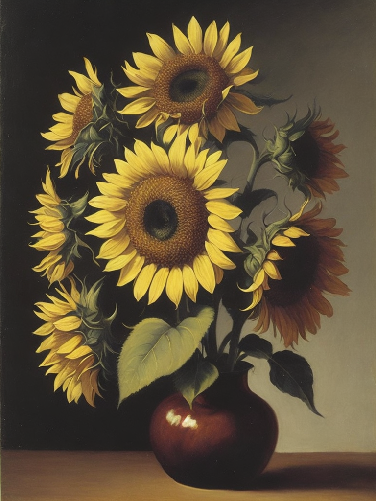 Sunflowers, moody, oil painting, by henri fantin-latour