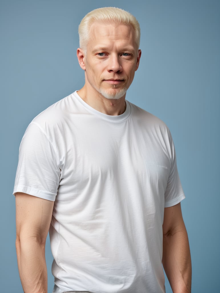 A middle-aged albino man wearing a white T-shirt, isolated, blue background, mockup, mock up