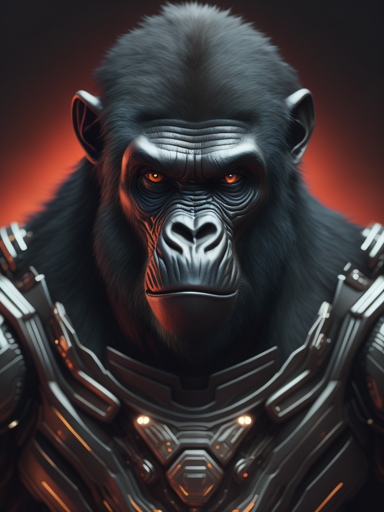 cybernetic gorilla, hyper-realistic, cyberpunk style, sharp on details,