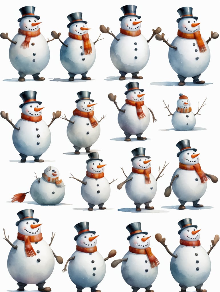 Snowman, different angles and expressions, full body only character sheets, multiple poses, white background, whimsical watercolor