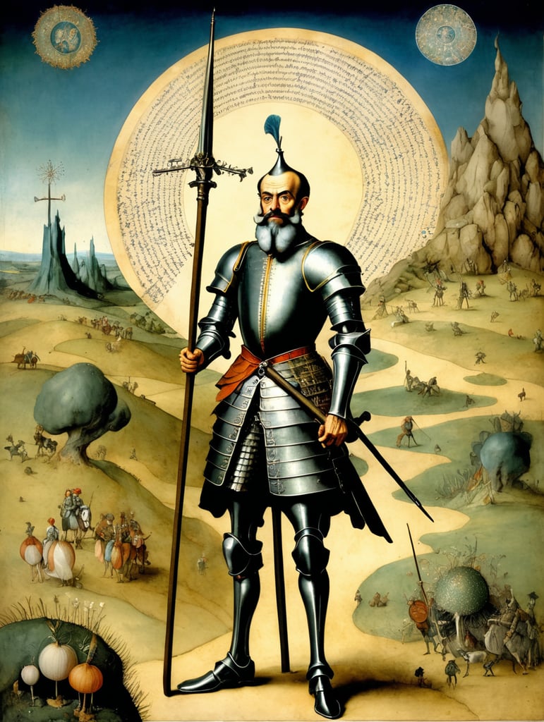 Terence mckenna in the form of don quixote standing and looking far in voynich manuscript by hieronymus bosch